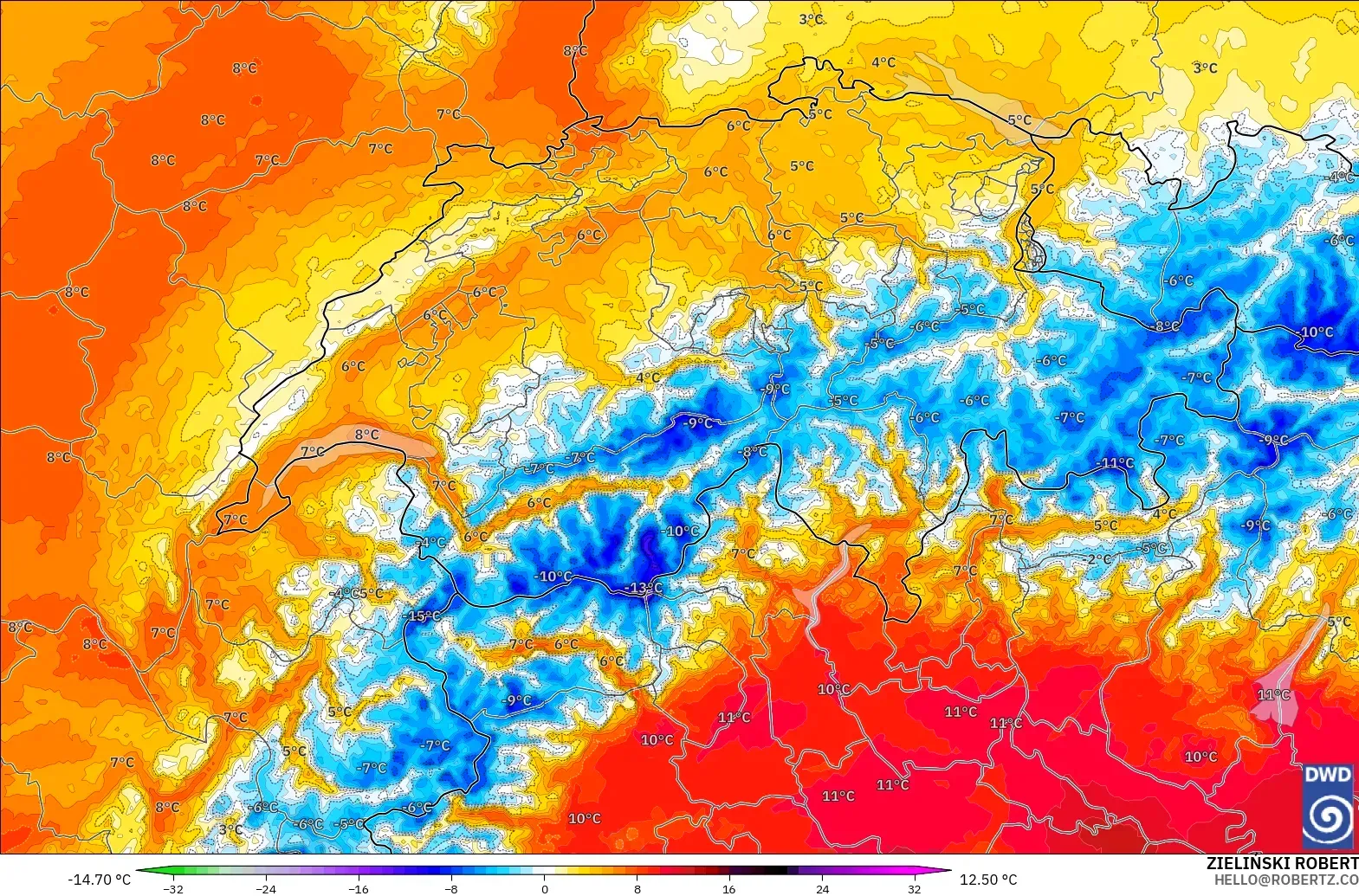 ICON Alemania 2 km modelo - Suiza, Anomalía de temperatura a 850 hPa