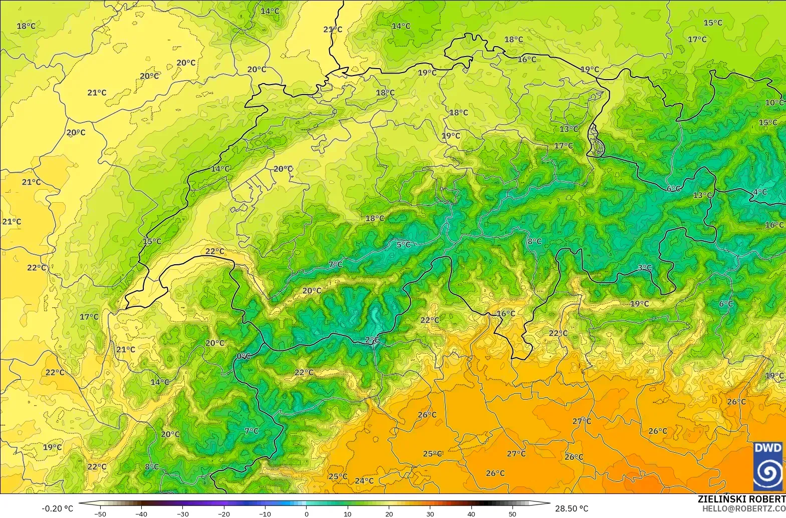 ICON Alemania 2 km modelo - Suiza, Temperatura a 850 hPa