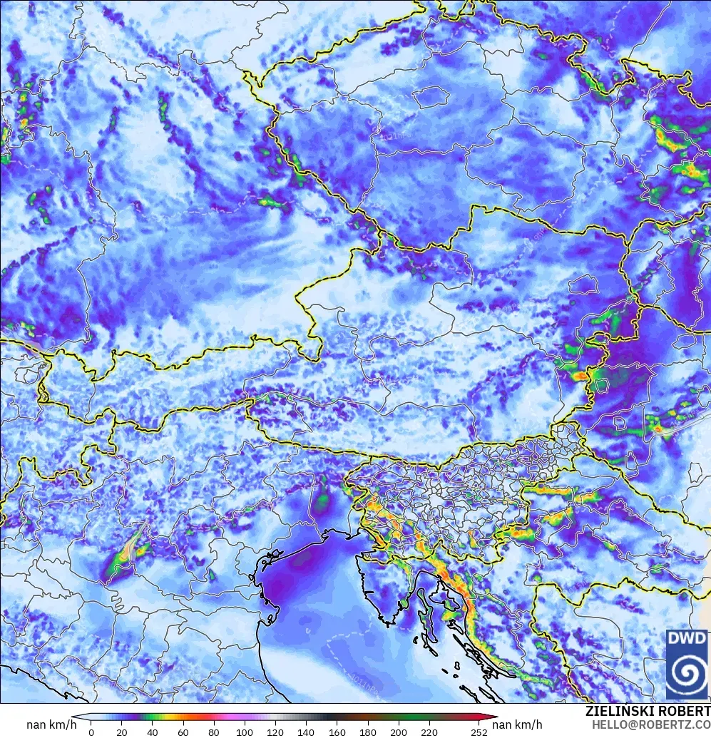 ICON Alemania 2 km modelo - Austria, Ráfagas de viento
