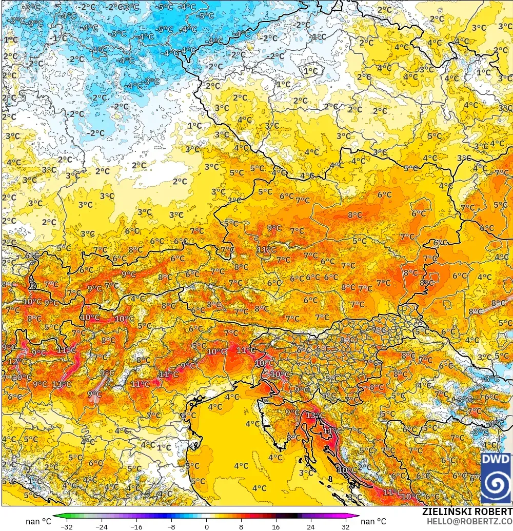 ICON Alemania 2 km modelo - Austria, Anomalía de temperatura a 2 m