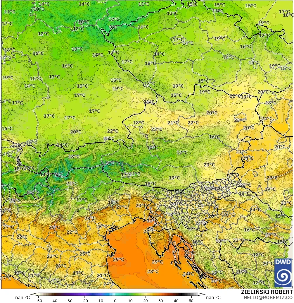 ICON Alemania 2 km modelo - Austria, Temperatura a 2 m