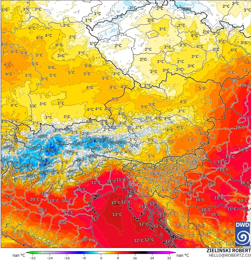 ICON Alemania 2 km modelo - Austria, Anomalía de temperatura a 850 hPa