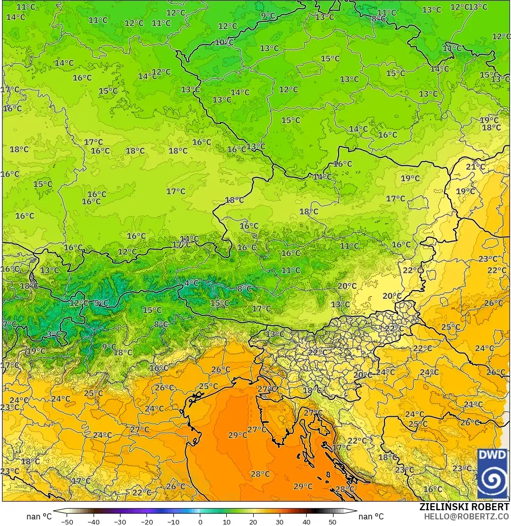 ICON Alemania 2 km modelo - Austria, Temperatura a 850 hPa