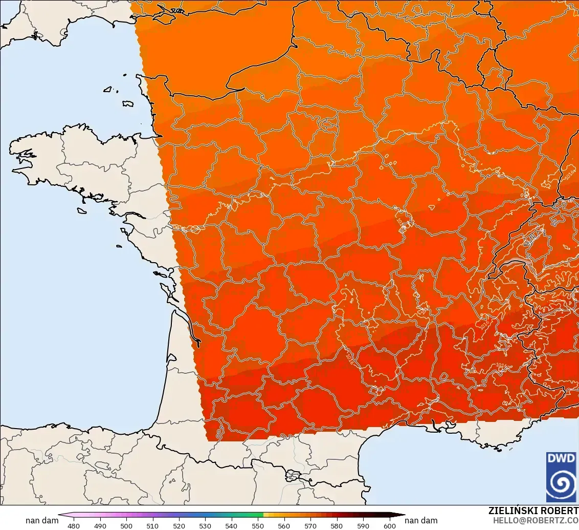ICON Alemania 2 km modelo - Francia, Altura geopotencial a 500 hPa