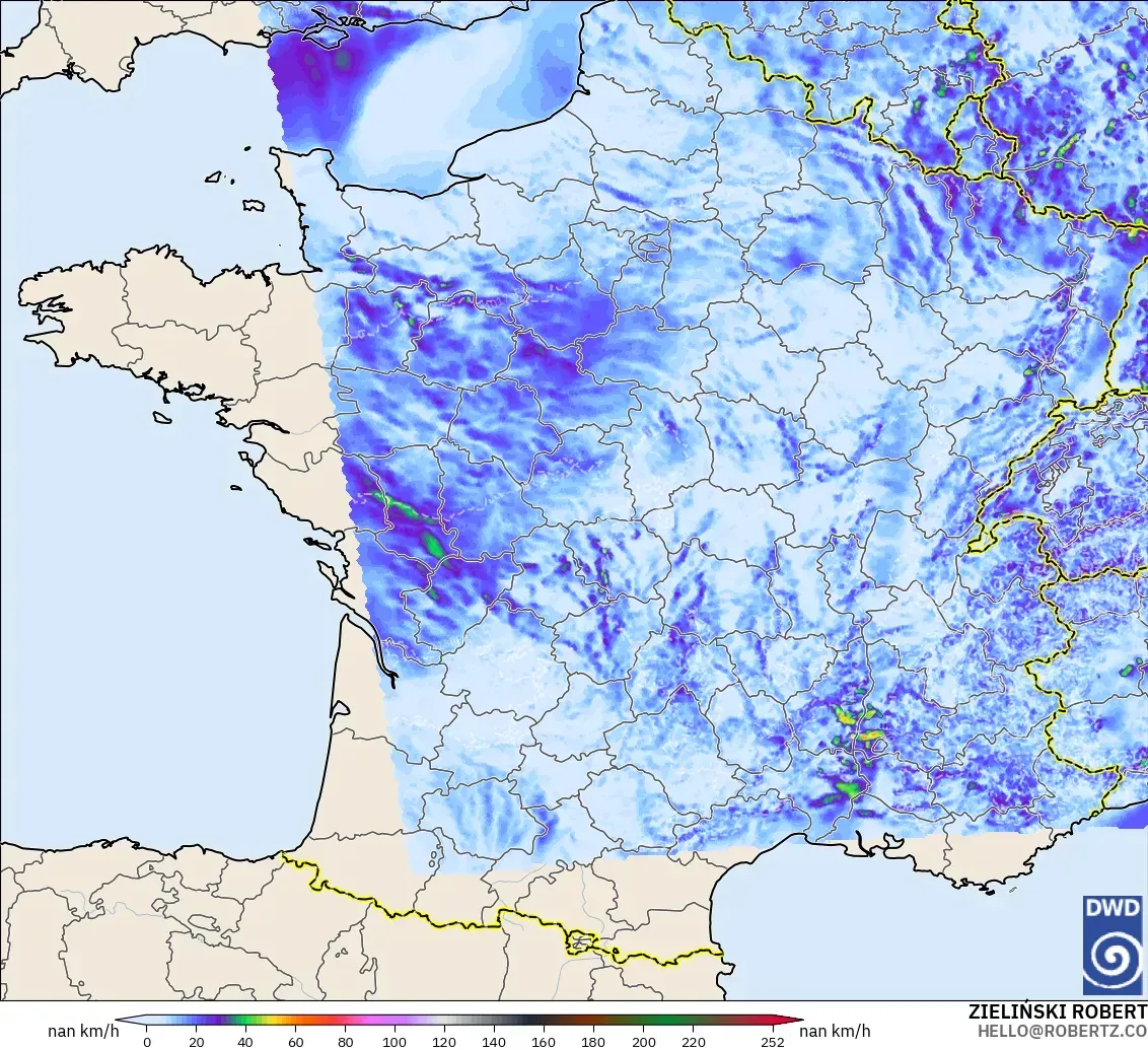ICON Alemania 2 km modelo - Francia, Ráfagas de viento