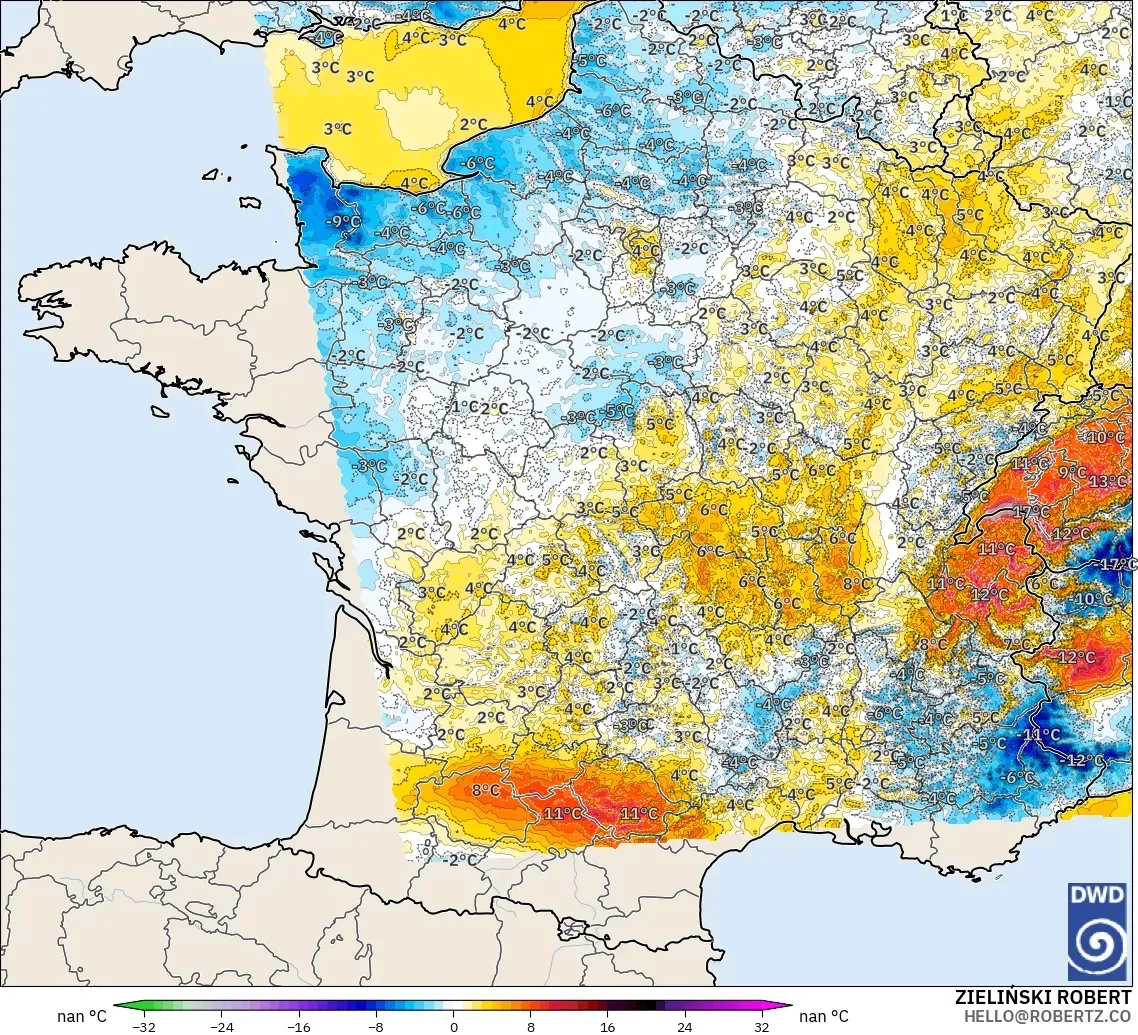 ICON Alemania 2 km modelo - Francia, Anomalía de temperatura a 2 m