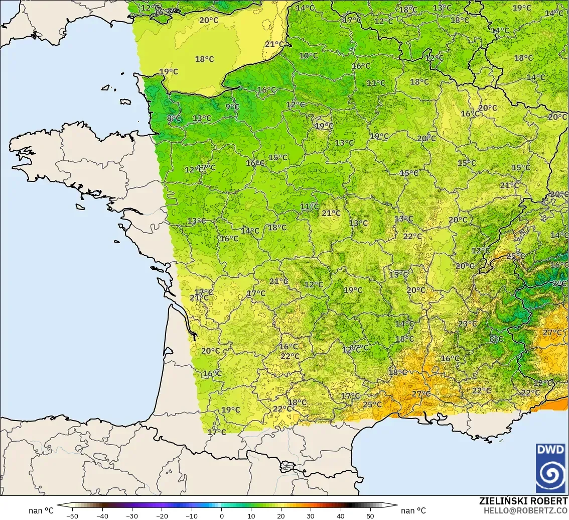 ICON Alemania 2 km modelo - Francia, Temperatura a 2 m