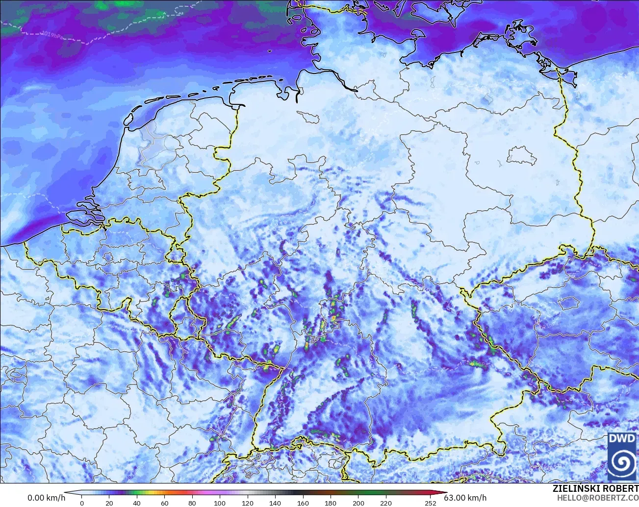 ICON Alemania 2 km modelo - Alemania, Ráfagas de Viento Máximas
