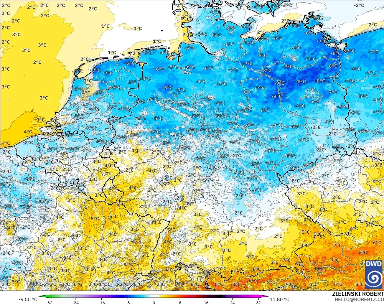 ICON Alemania 2 km modelo - Alemania, Anomalía de temperatura a 2 m