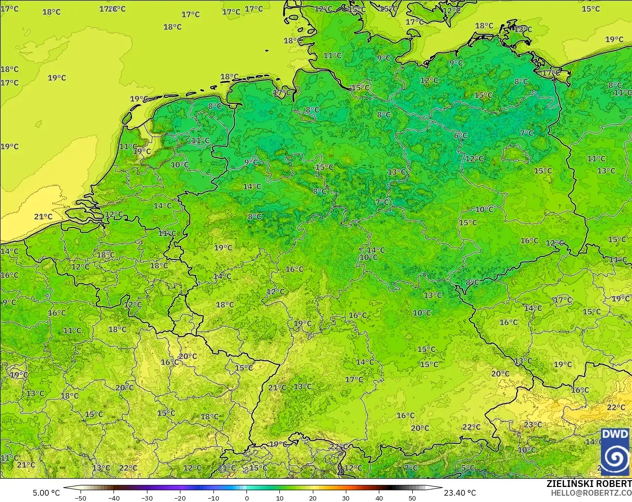 ICON Alemania 2 km modelo - Alemania, Temperatura a 2 m