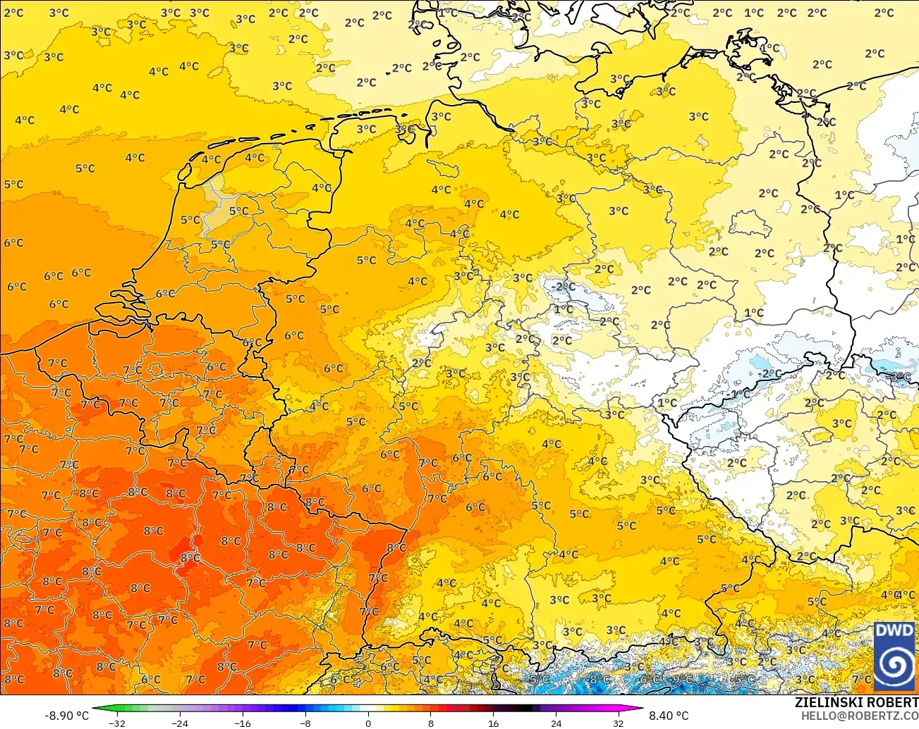 ICON Alemania 2 km modelo - Alemania, Anomalía de temperatura a 850 hPa