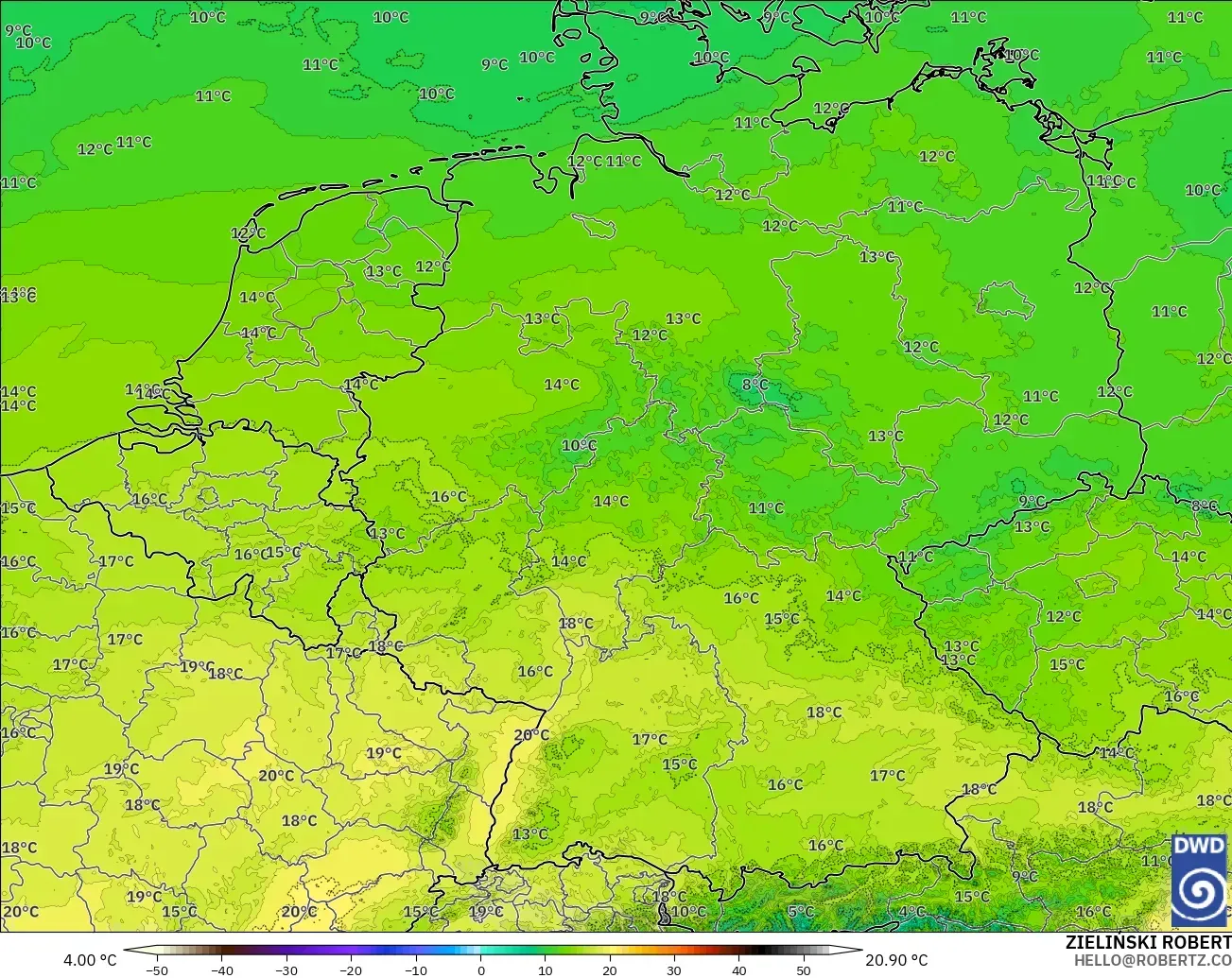 ICON Alemania 2 km modelo - Alemania, Temperatura a 850 hPa