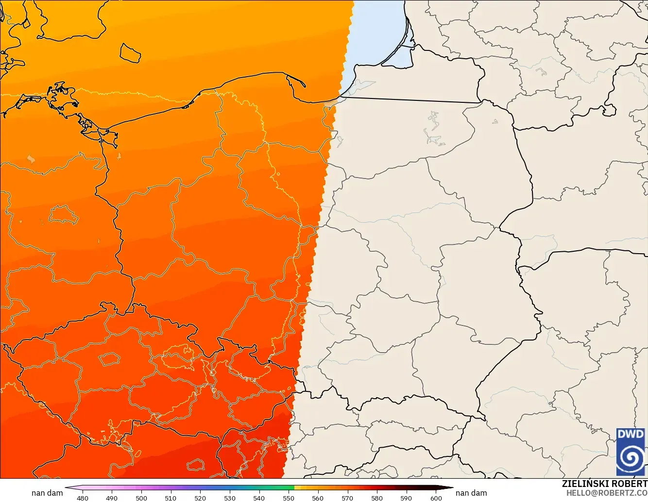 ICON Alemania 2 km modelo - Polonia, Altura geopotencial a 500 hPa