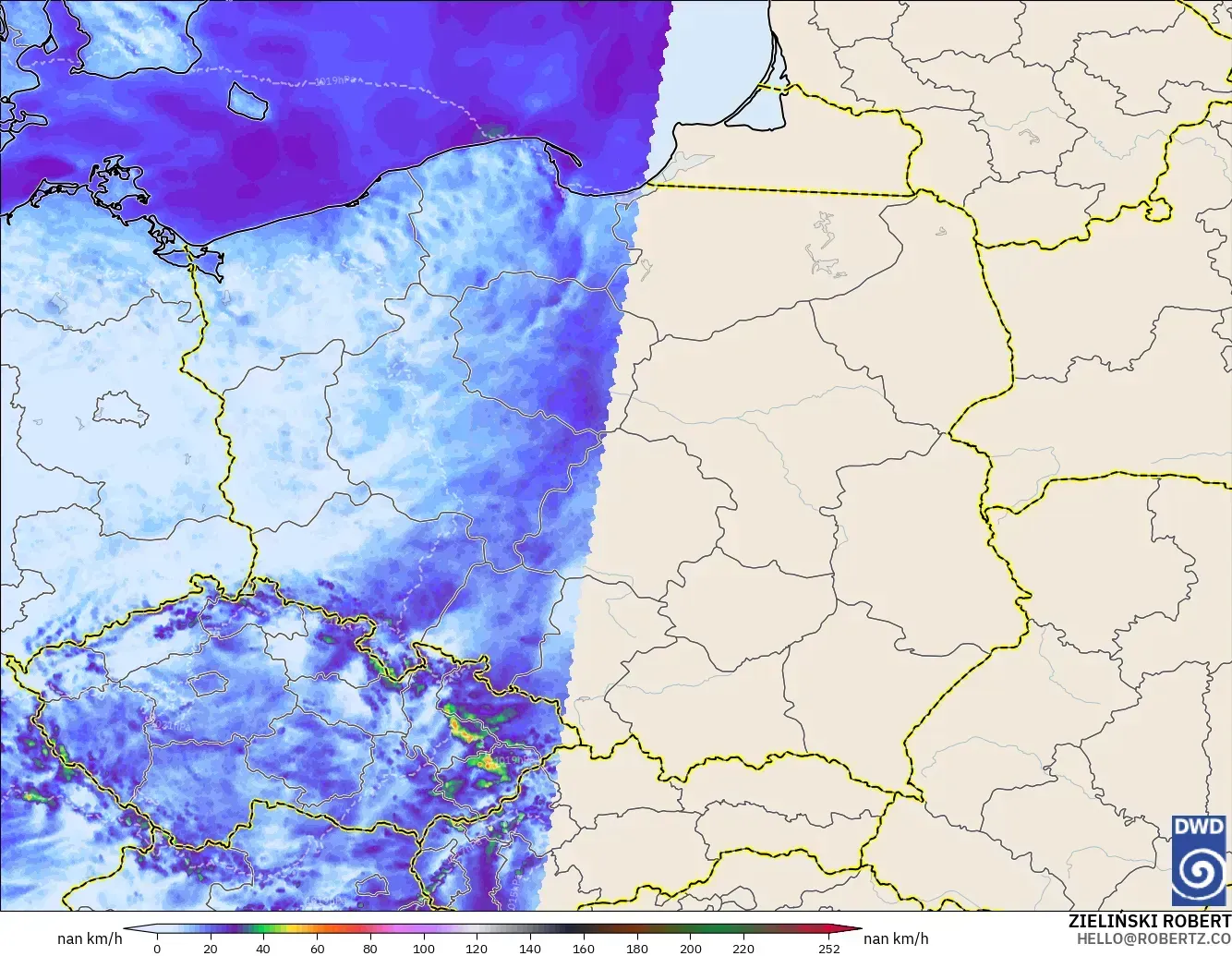 ICON Alemania 2 km modelo - Polonia, Ráfagas de viento