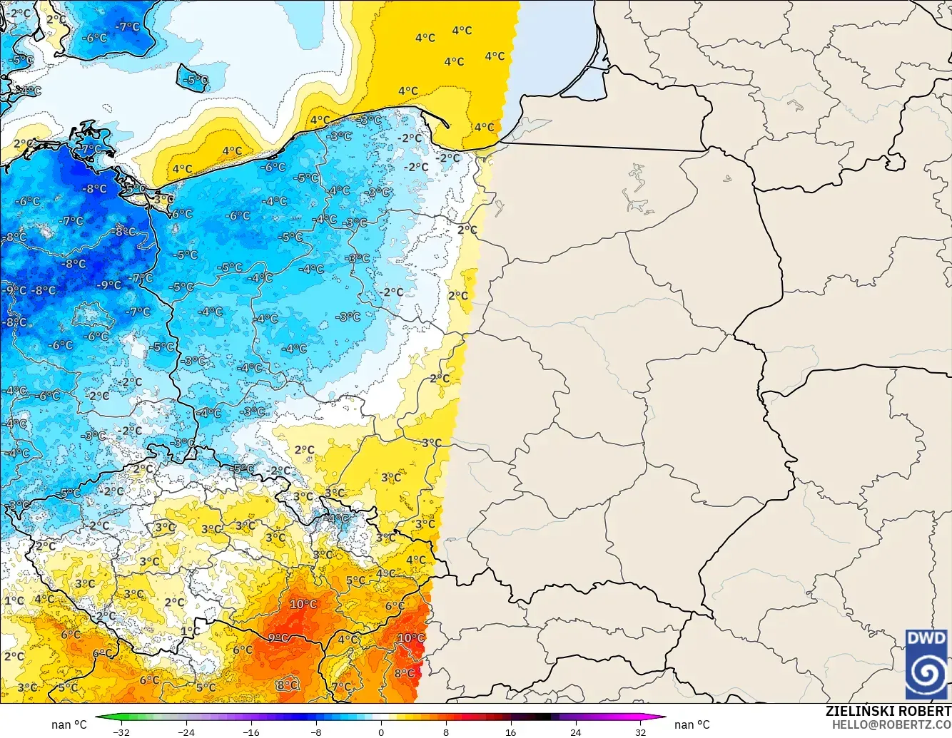 ICON Alemania 2 km modelo - Polonia, Anomalía de temperatura a 2 m