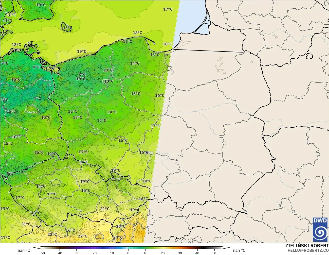 ICON Alemania 2 km modelo - Polonia, Temperatura a 2 m