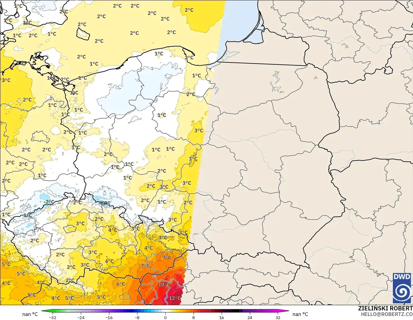 ICON Alemania 2 km modelo - Polonia, Anomalía de temperatura a 850 hPa