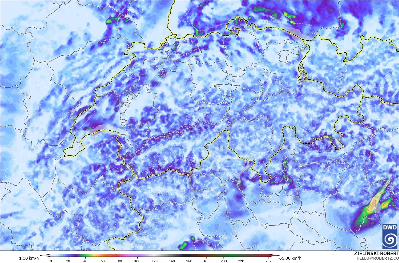ICON Alemania 2 km modelo - Suiza, Ráfagas de viento