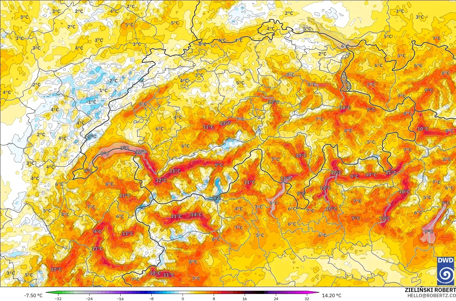 ICON Alemania 2 km modelo - Suiza, Anomalía de temperatura a 2 m