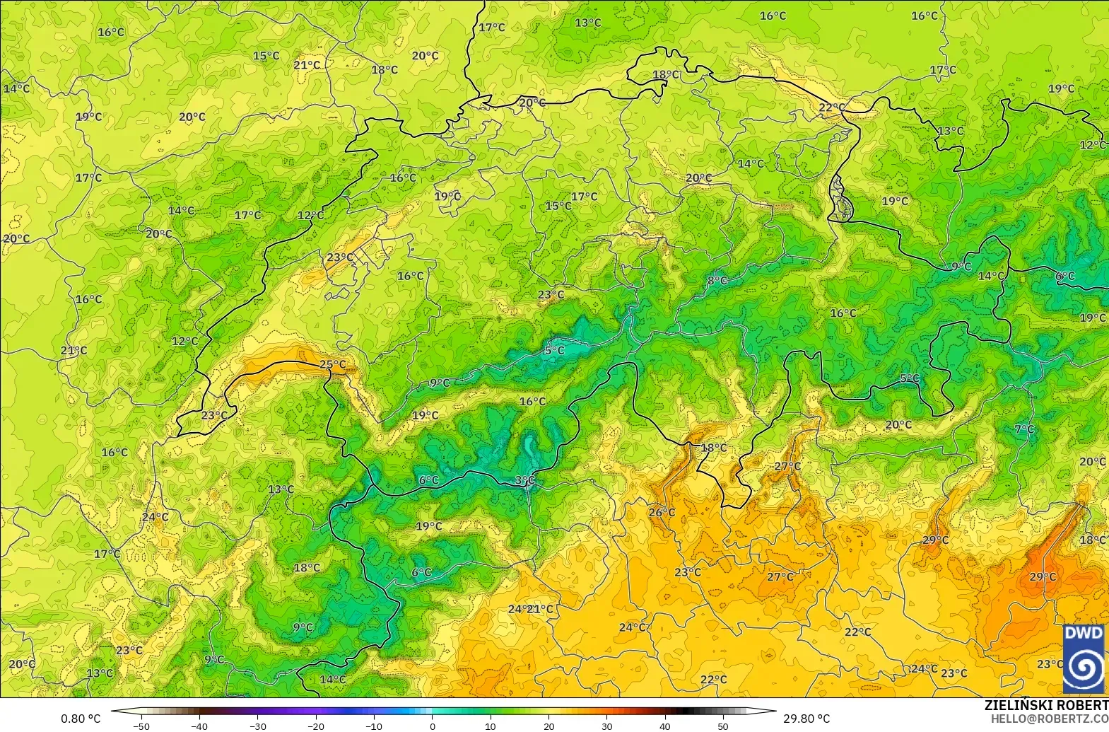 ICON Alemania 2 km modelo - Suiza, Temperatura a 2 m