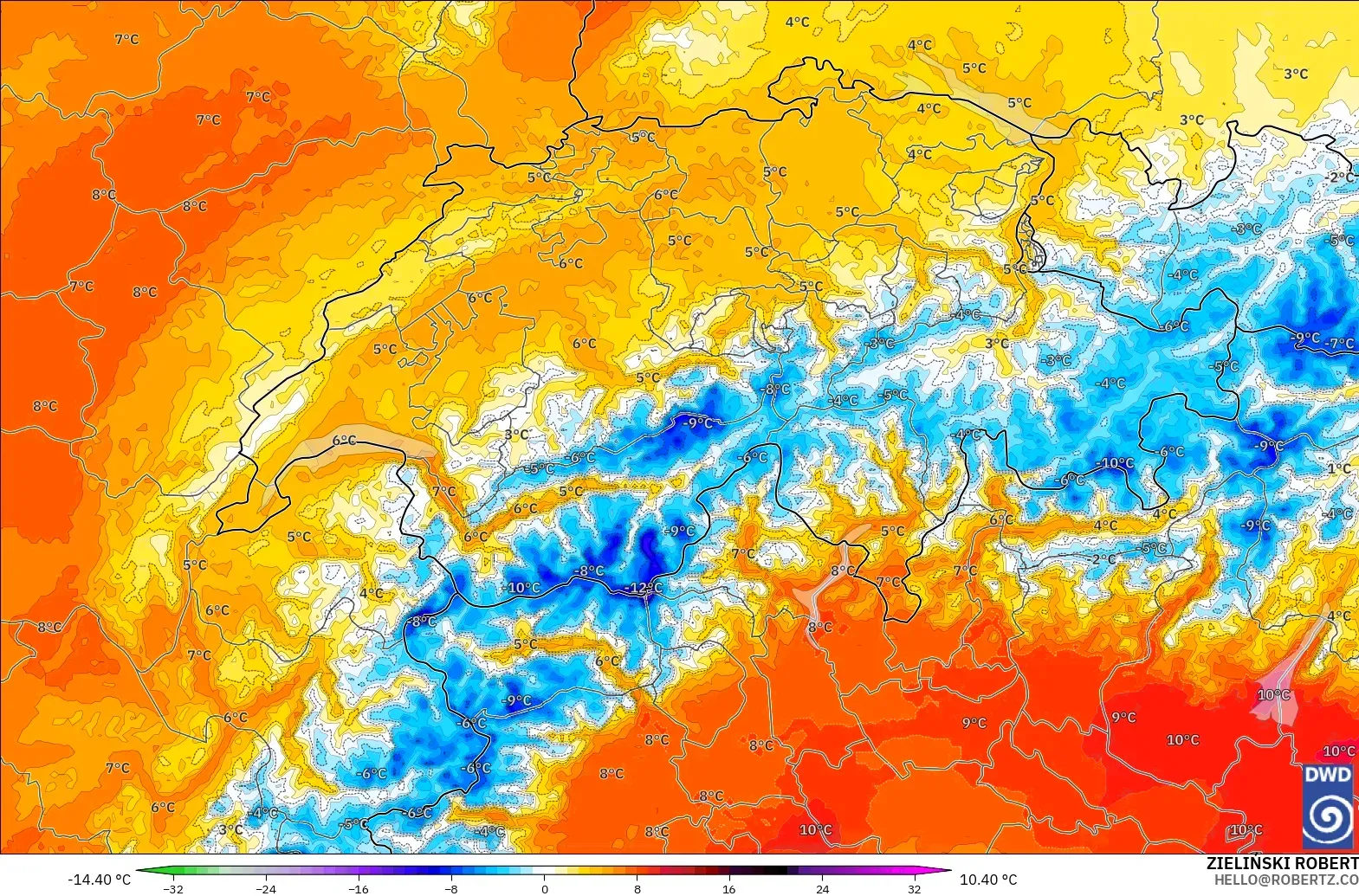 ICON Alemania 2 km modelo - Suiza, Anomalía de temperatura a 850 hPa