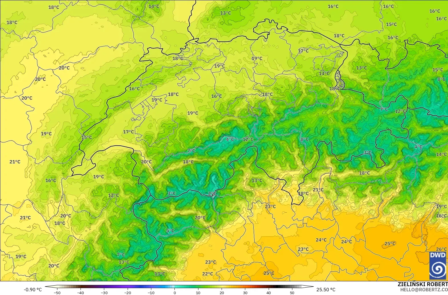 ICON Alemania 2 km modelo - Suiza, Temperatura a 850 hPa