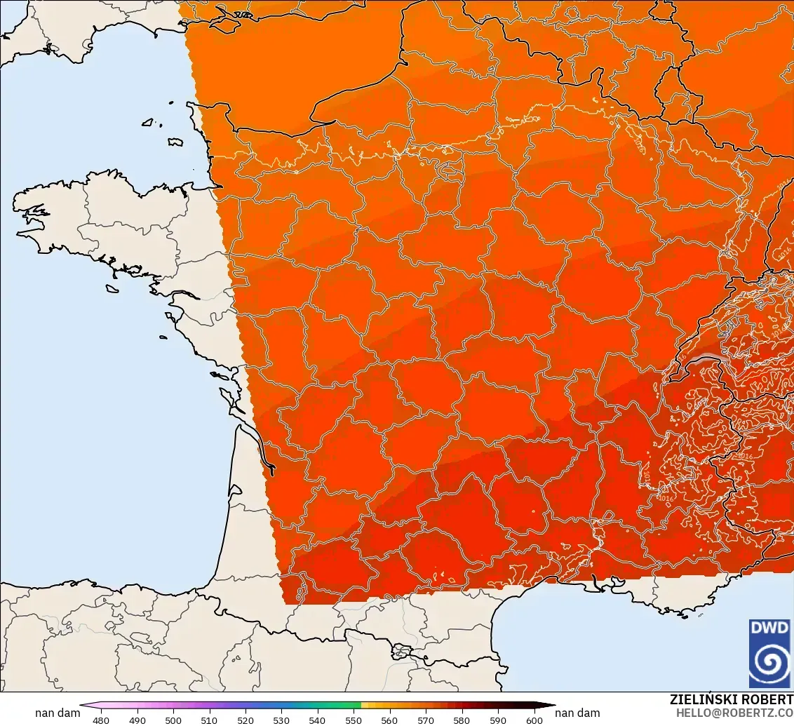 ICON Alemania 2 km modelo - Francia, Altura geopotencial a 500 hPa