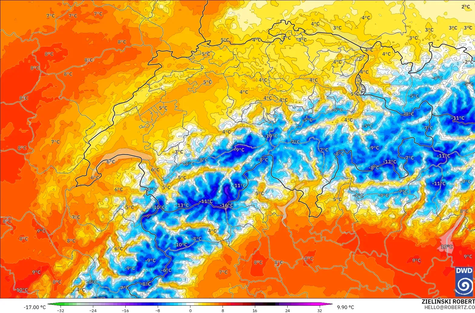 ICON Alemania 2 km modelo - Suiza, Anomalía de temperatura a 850 hPa