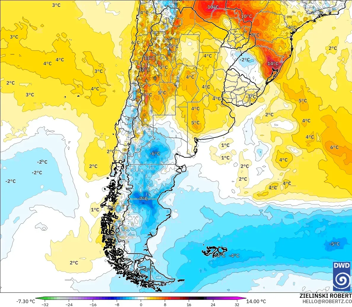 ICON modelo - Argentina, Anomalía de temperatura a 2 m