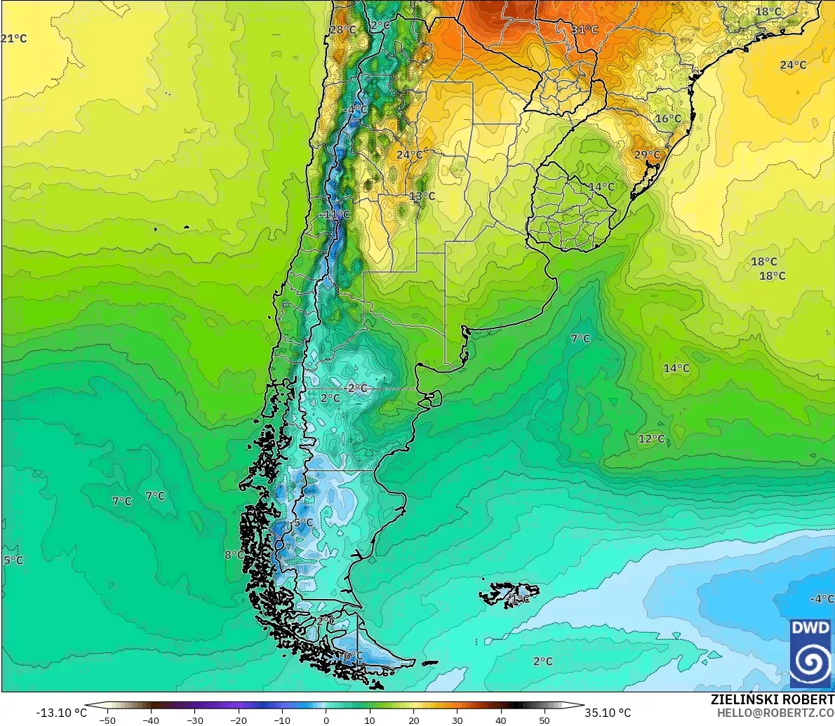 ICON modelo - Argentina, Temperatura a 2 m