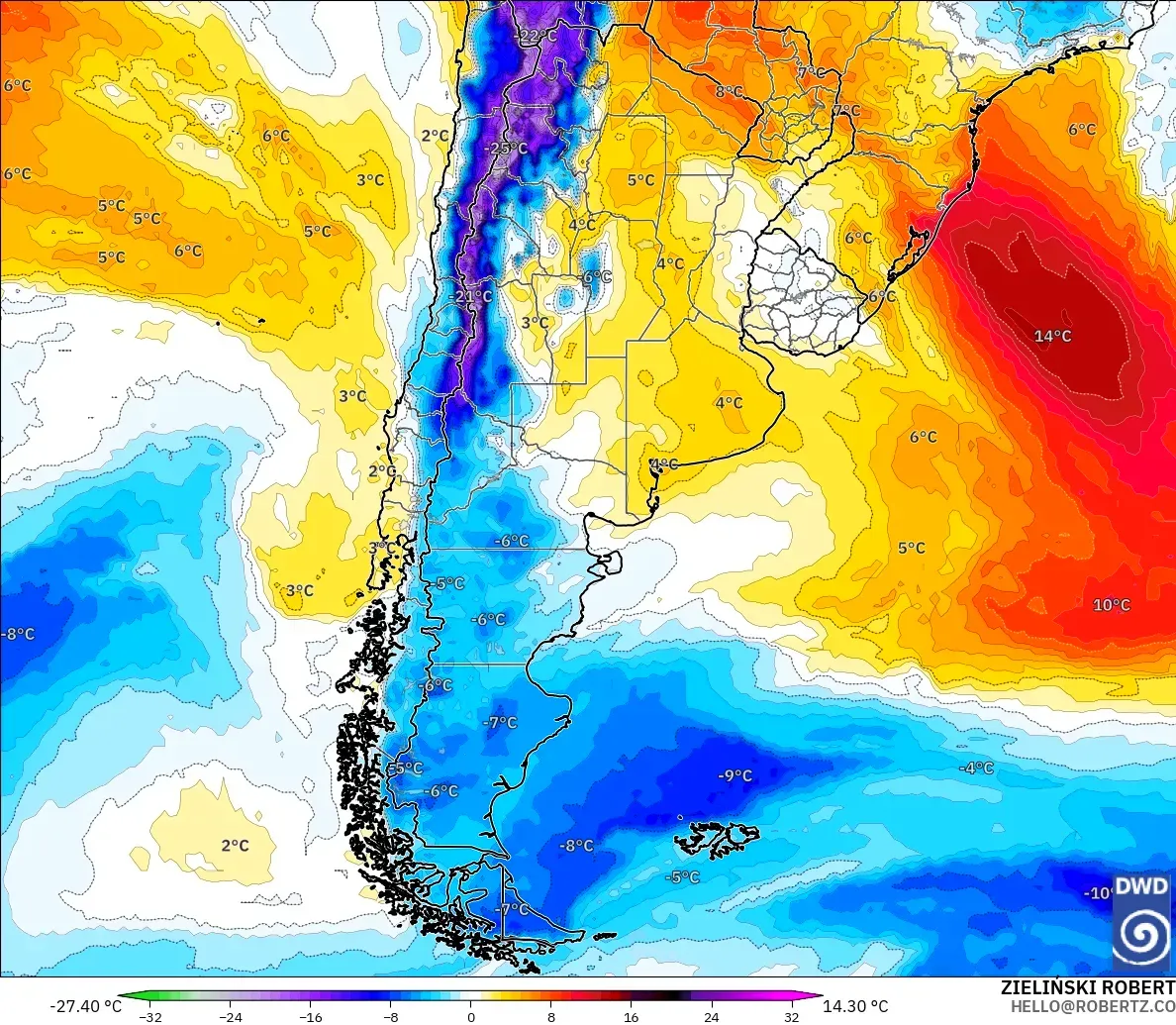 ICON modelo - Argentina, Anomalía de temperatura a 850 hPa