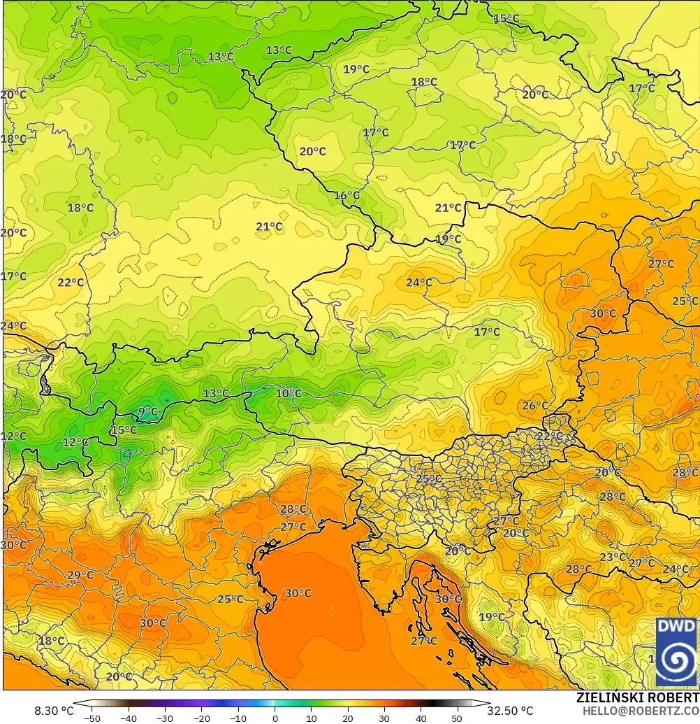 ICON modelo - Austria, Temperatura a 2 m