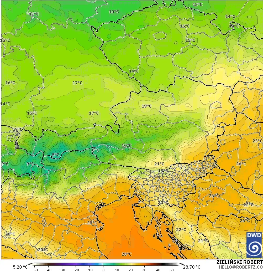 ICON modelo - Austria, Temperatura a 850 hPa