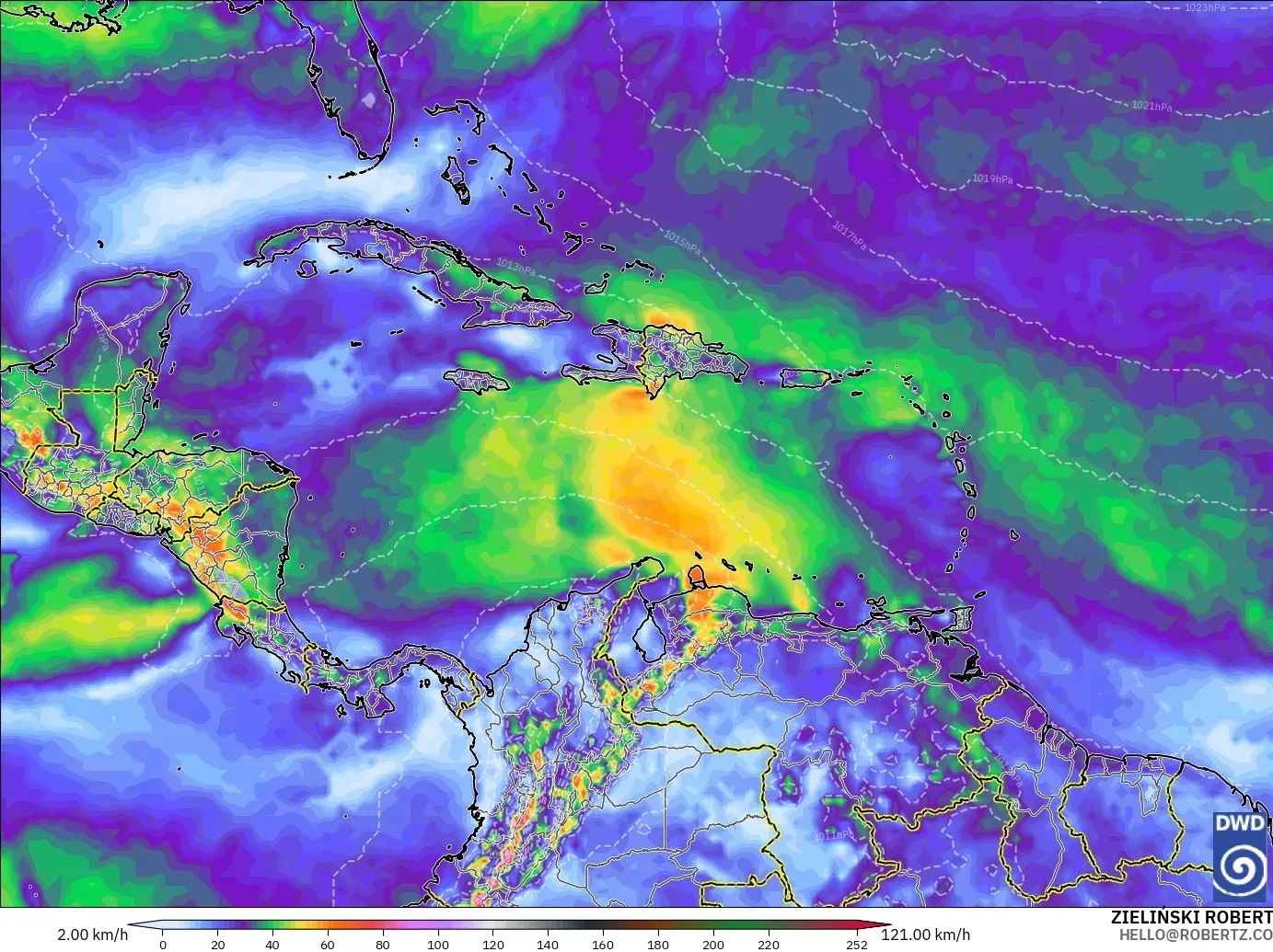ICON modelo - Caribe, Ráfagas de viento