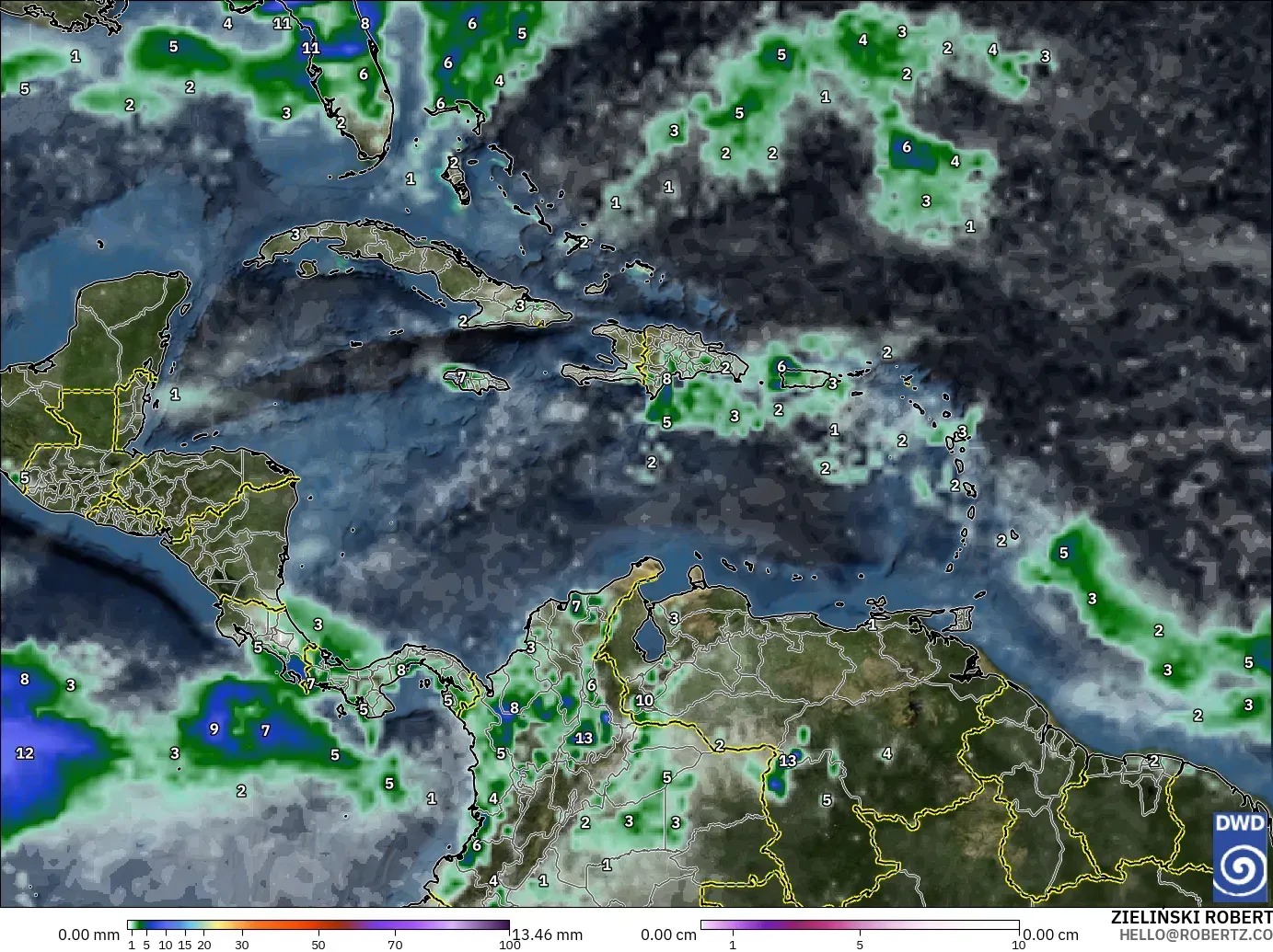 ICON modelo - Caribe, Precipitación, nubes y presión