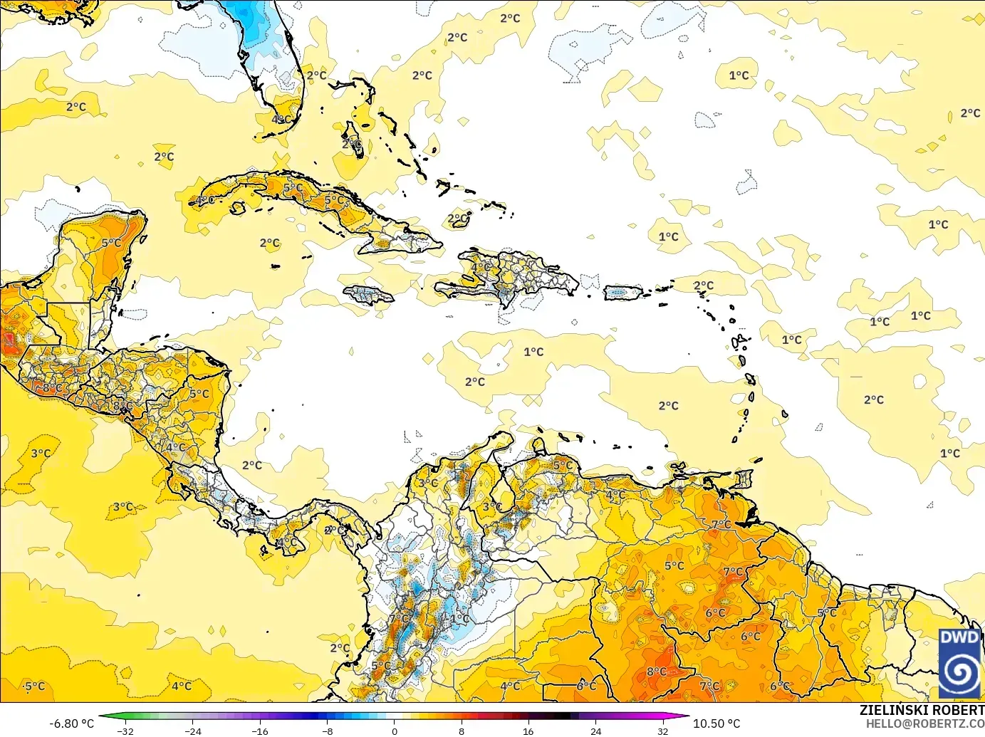 ICON modelo - Caribe, Anomalía de temperatura a 2 m