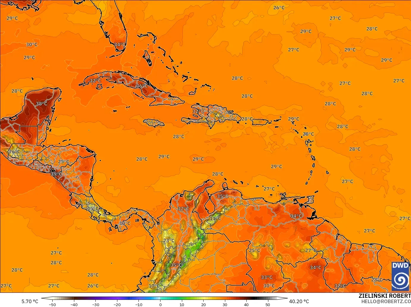 ICON modelo - Caribe, Temperatura a 2 m