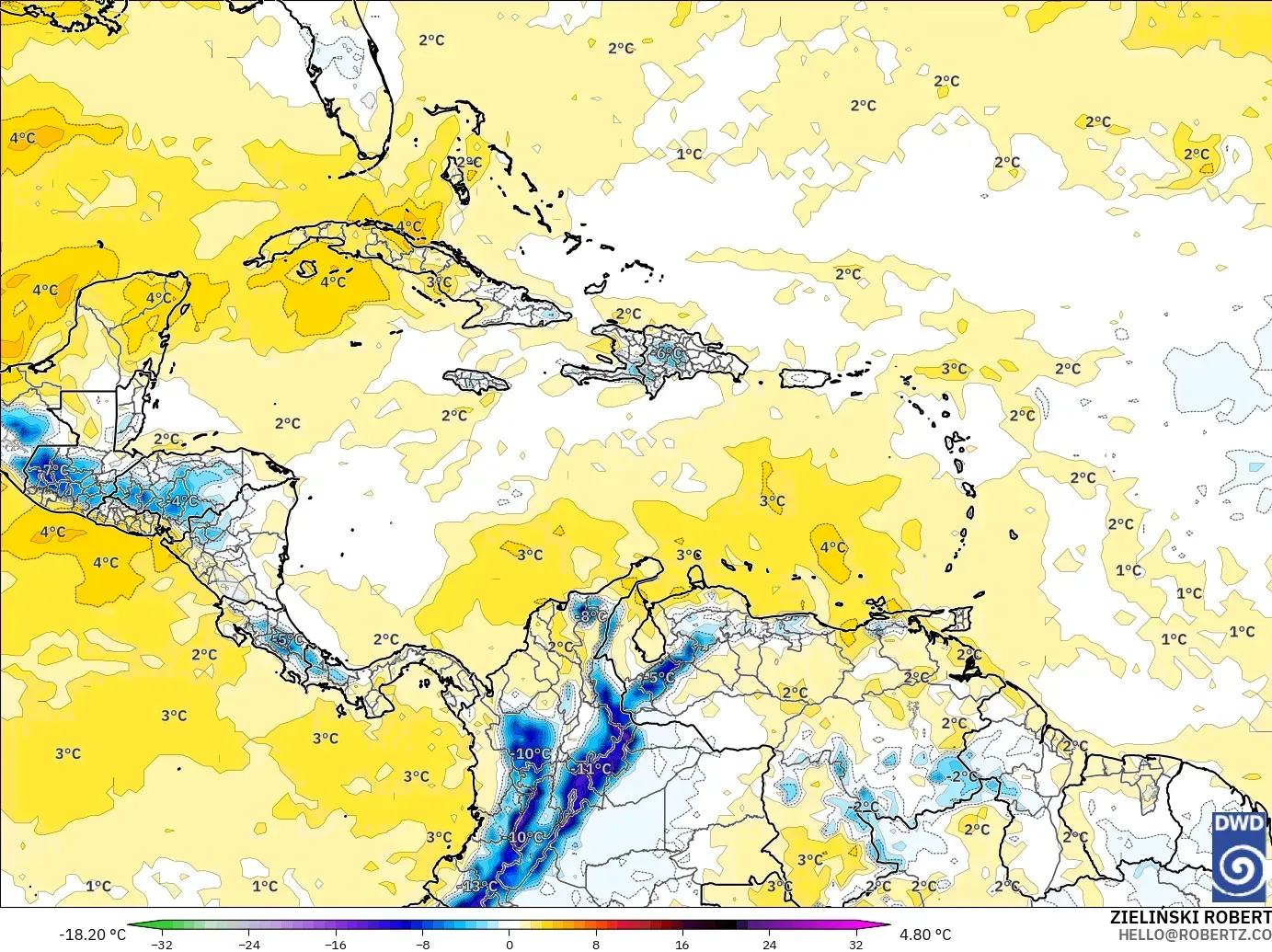 ICON modelo - Caribe, Anomalía de temperatura a 850 hPa
