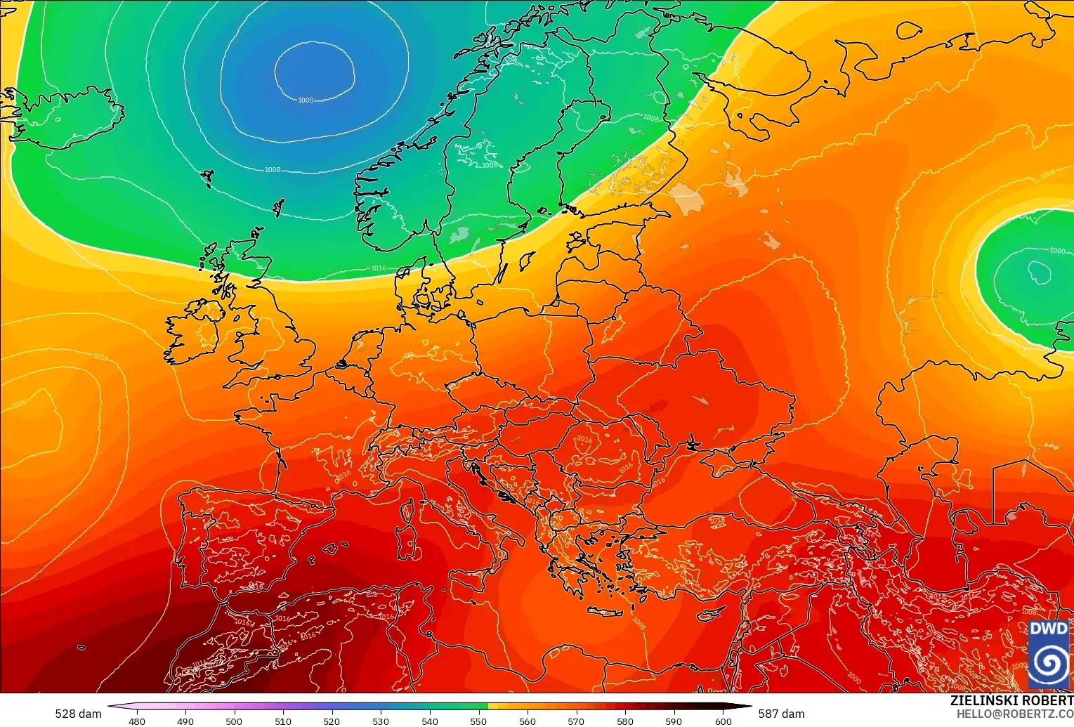 ICON modelo - Europa, Altura geopotencial a 500 hPa