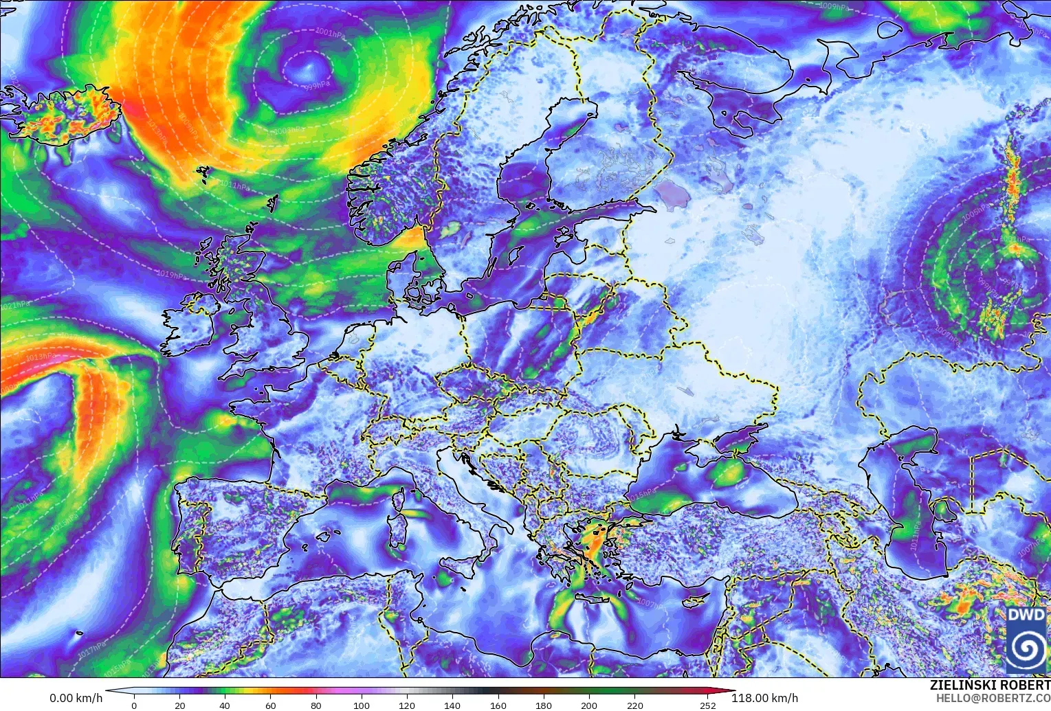 ICON modelo - Europa, Ráfagas de viento