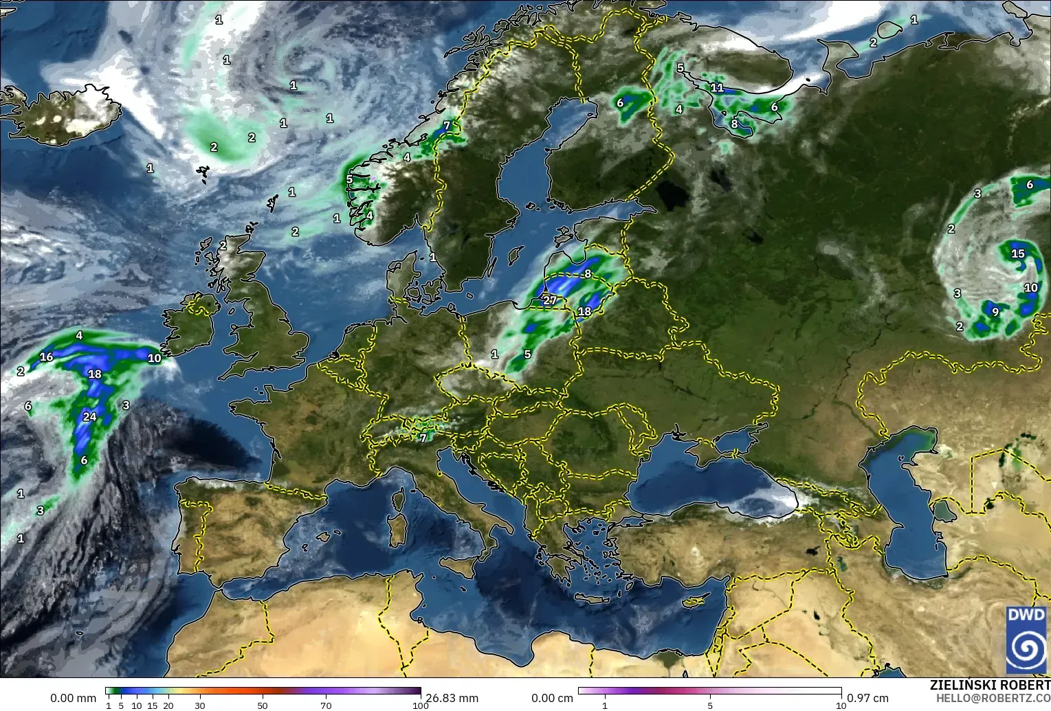 ICON modelo - Europa, Precipitación, nubes y presión