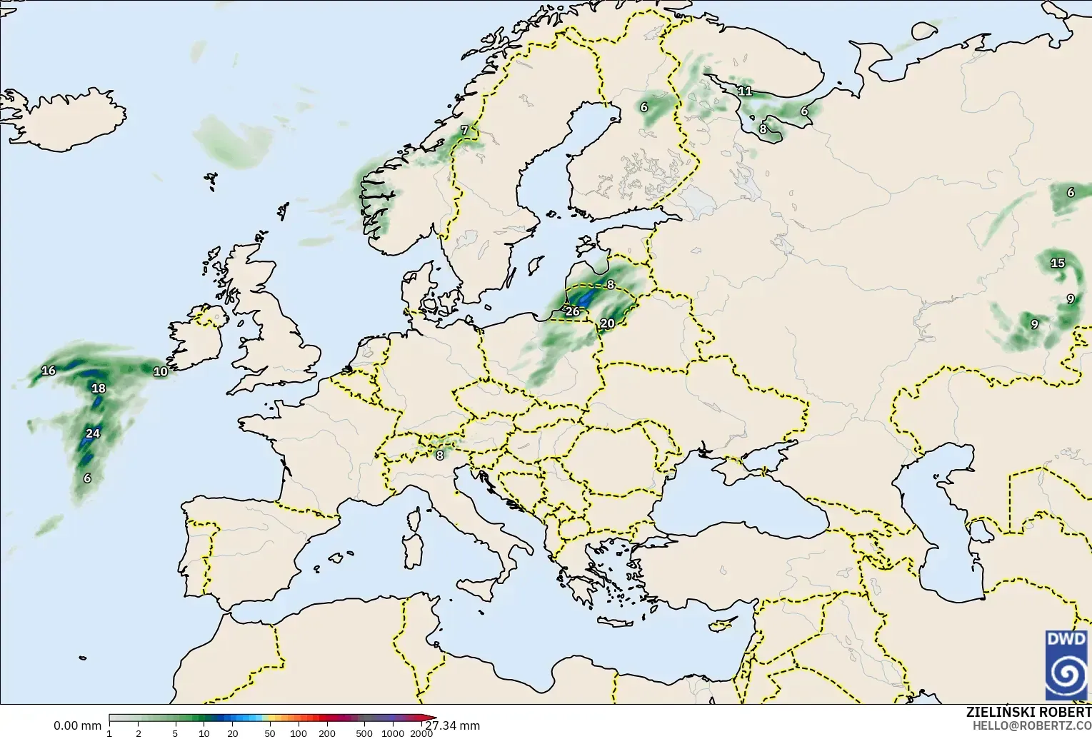 ICON modelo - Europa, Acumulación de precipitación