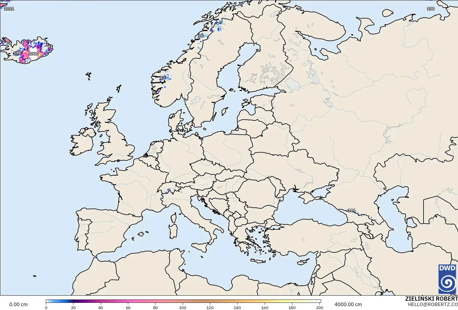 ICON modelo - Europa, Profundidad de nieve