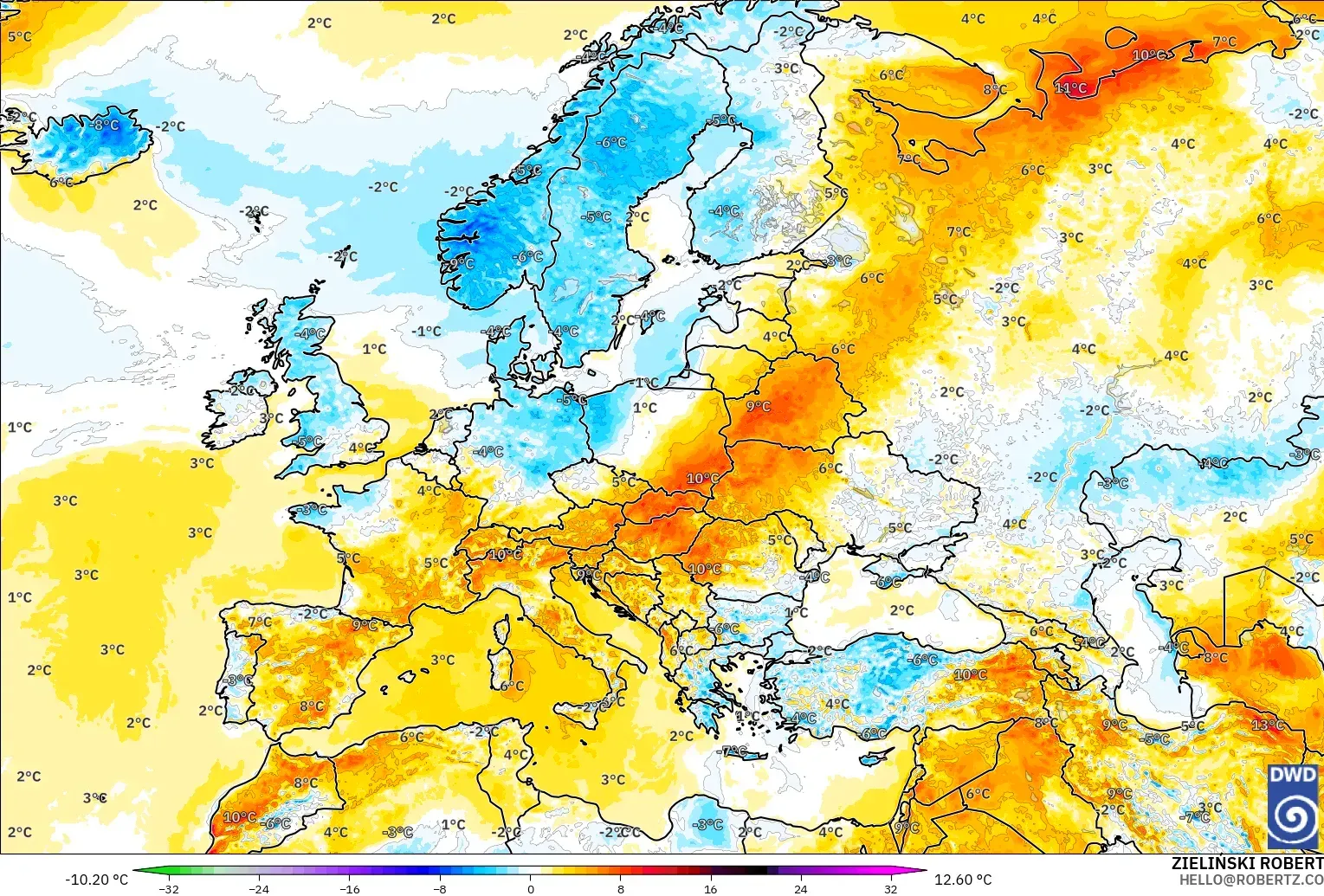 ICON modelo - Europa, Anomalía de temperatura a 2 m
