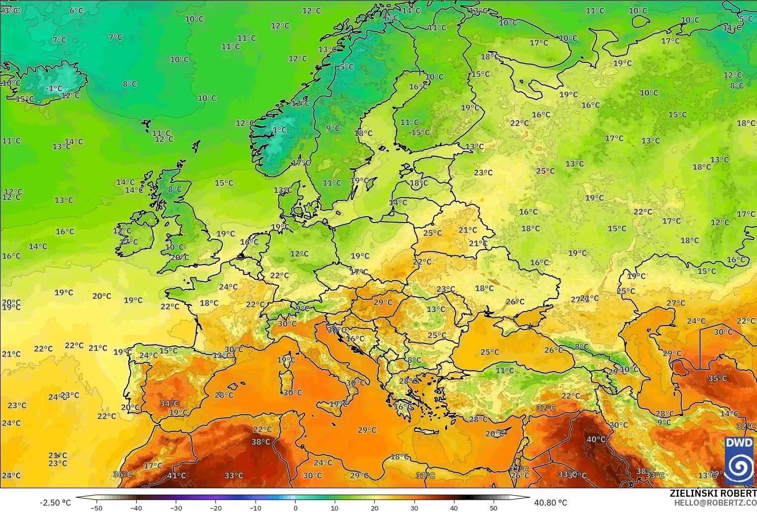 ICON modelo - Europa, Temperatura a 2 m