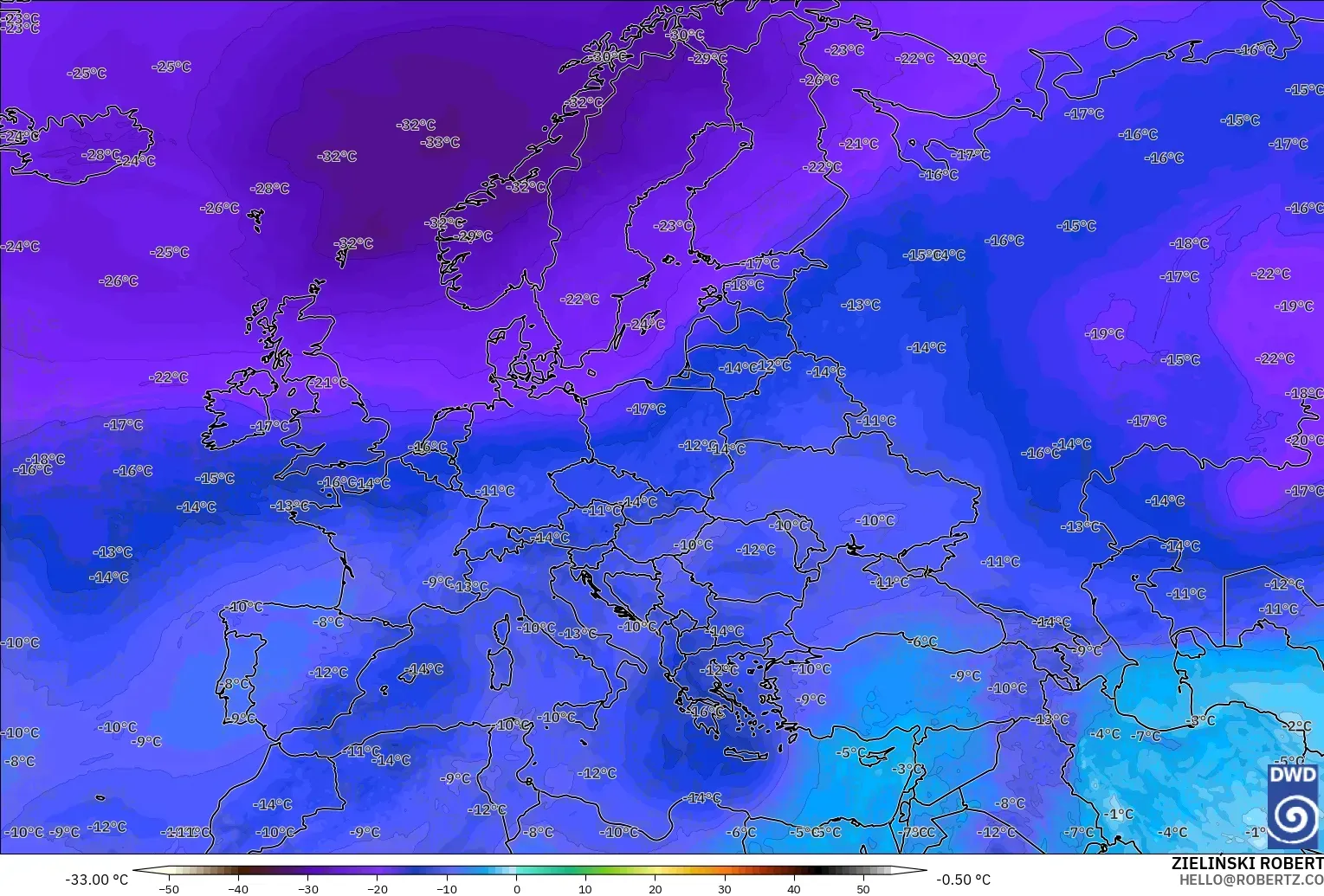 ICON modelo - Europa, Temperatura a 500 hPa