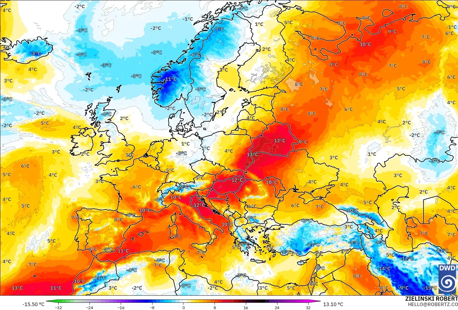 ICON modelo - Europa, Anomalía de temperatura a 850 hPa