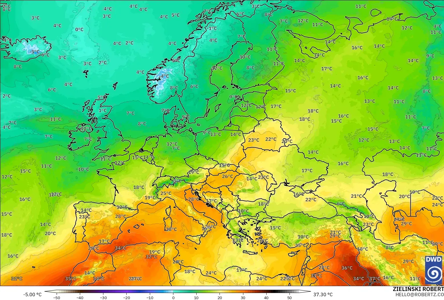 ICON modelo - Europa, Temperatura a 850 hPa