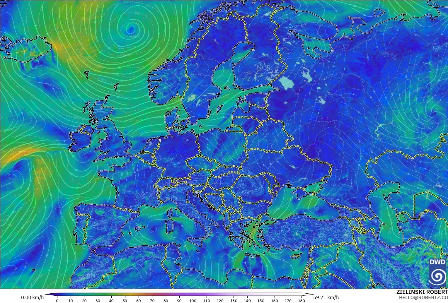 ICON modelo - Europa, Viento a 10 m