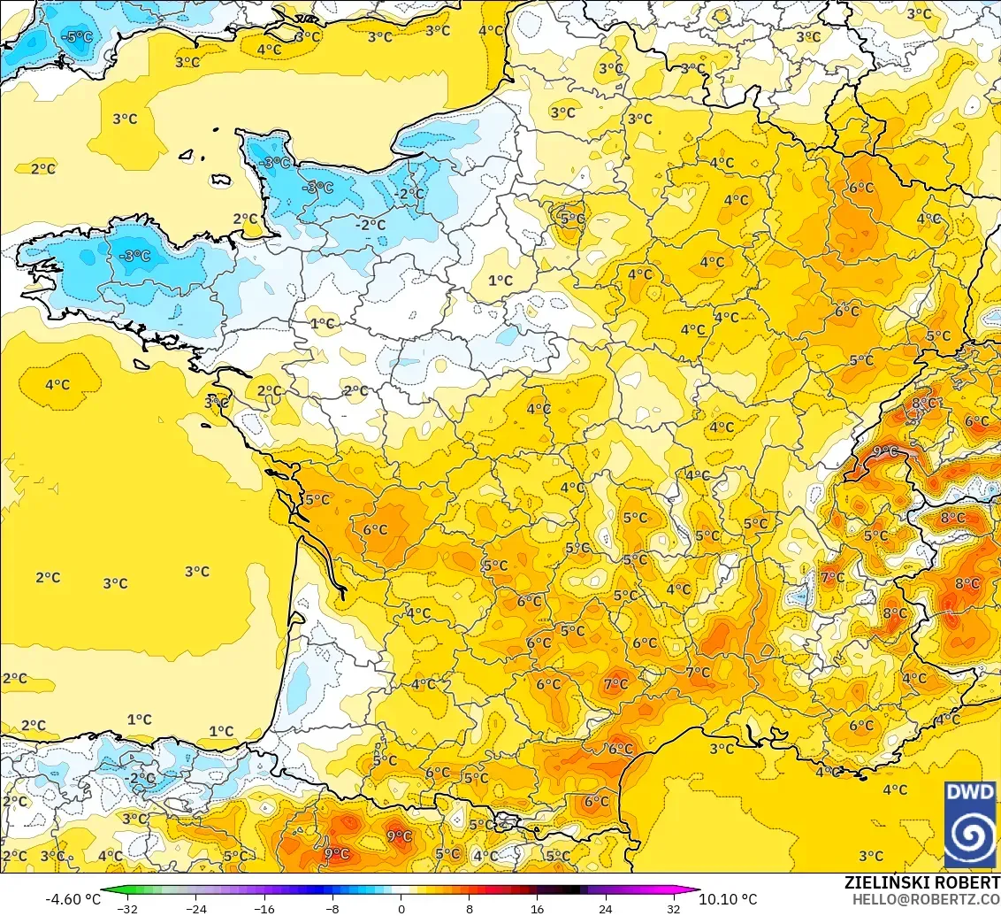 ICON modelo - Francia, Anomalía de temperatura a 2 m